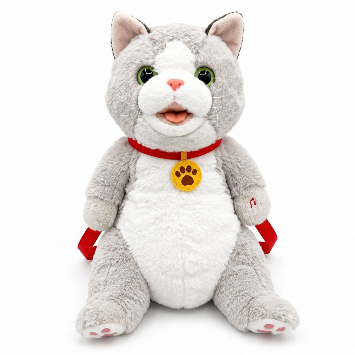 Interactive gray and white plush cat toy for kids - front view