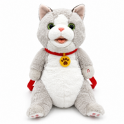 Interactive gray and white plush cat toy for kids - front view