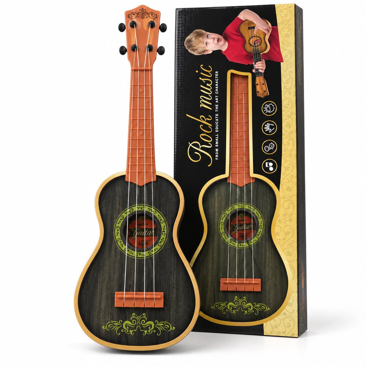 Black four-string children's guitar toy with orange neck and retail box