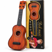 Brown four-string kids ukulele-style guitar and retail box