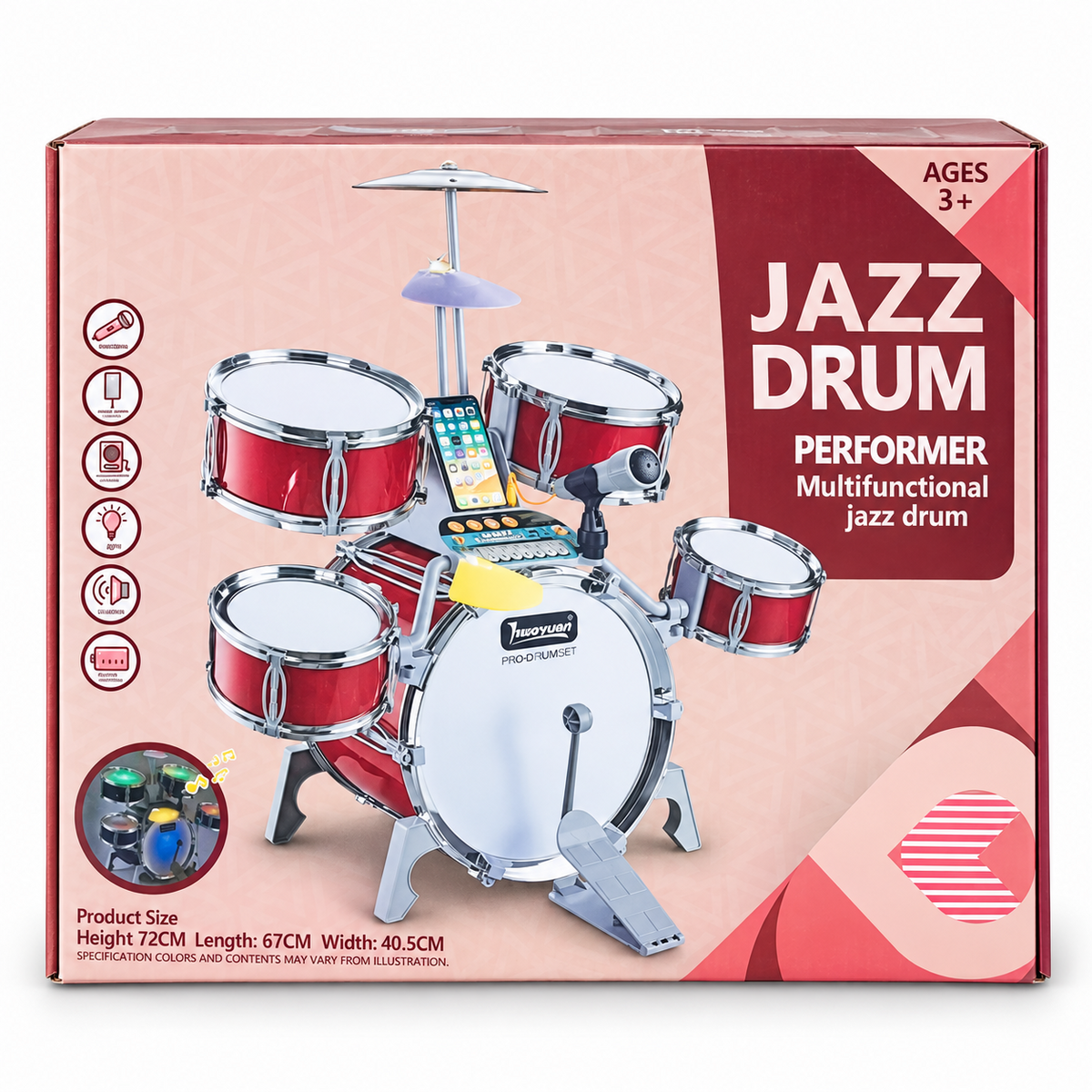 Jazz Drum Performer packaging with dimensions and age guidance