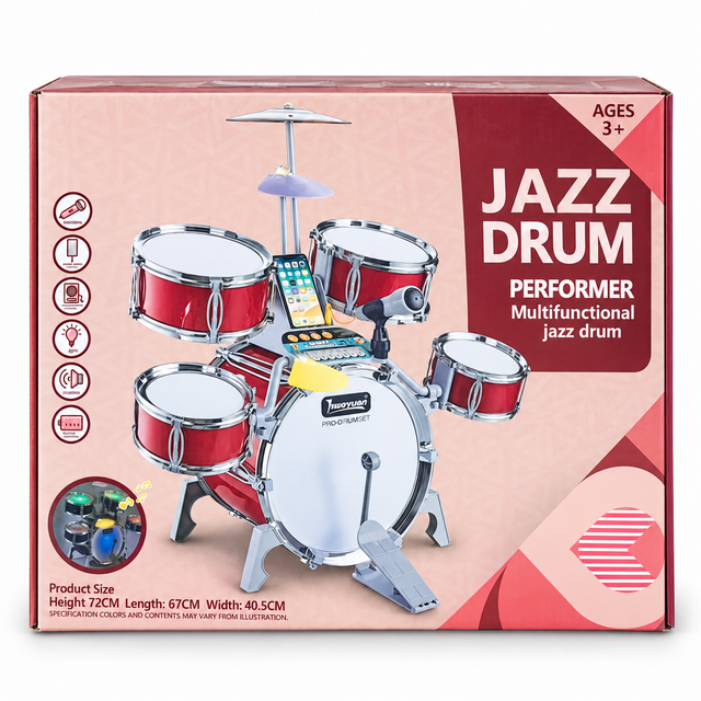 Kids Jazz Drum Set with Keyboard and Microphone – Red