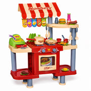 Red and beige kids kitchen shop play set with oven cash register cookware and play food