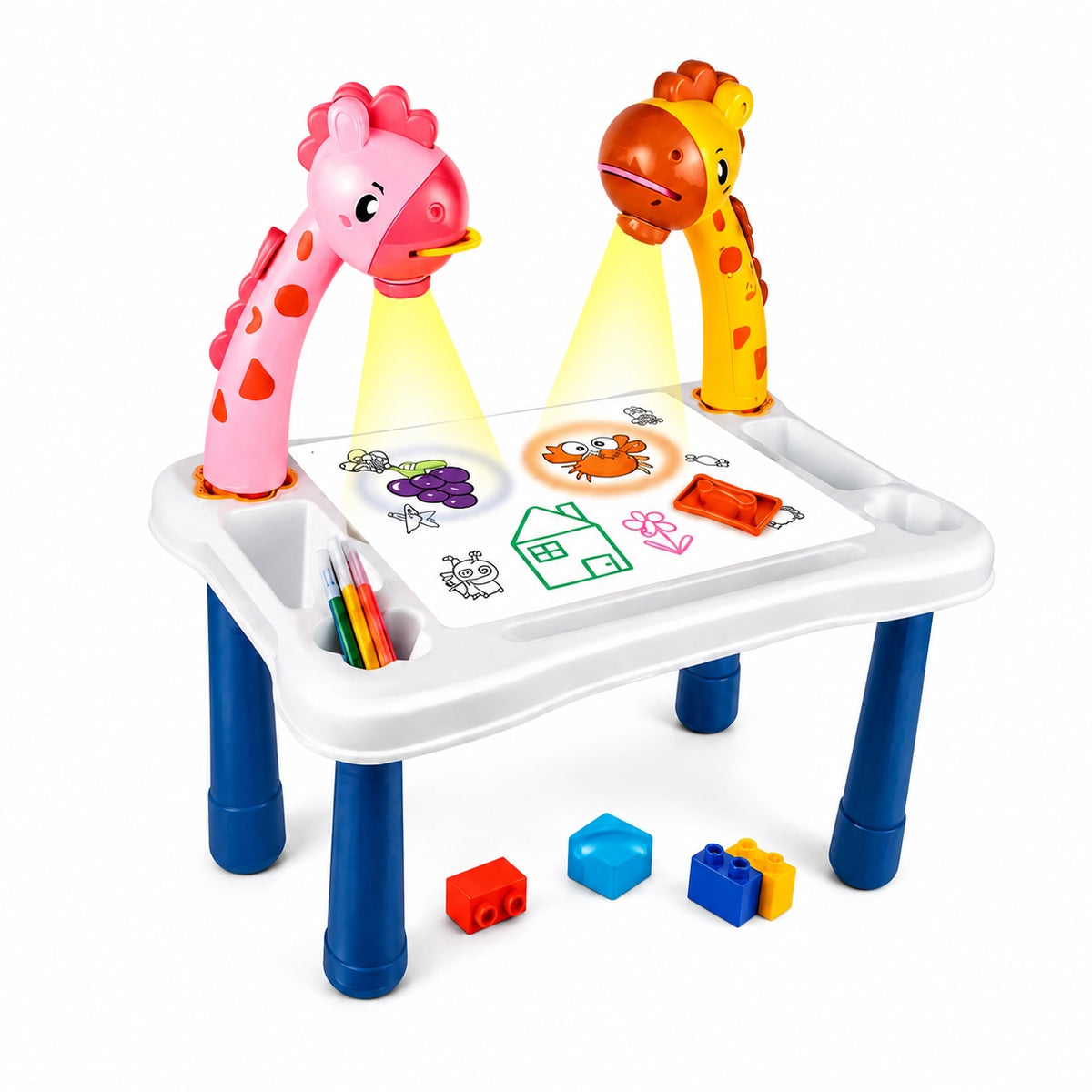 Kids projection painting table with animal projectors, pens and building blocks