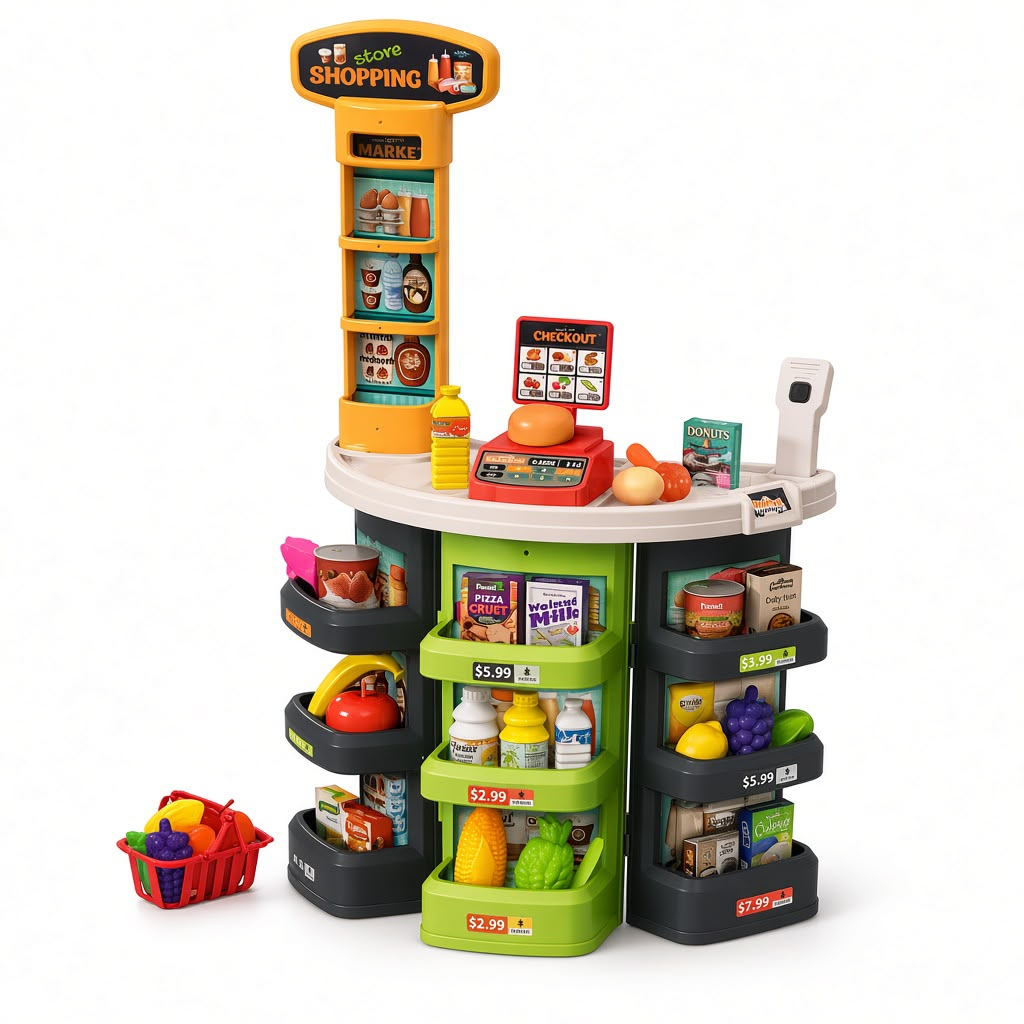 Orange and black toy supermarket checkout with hand basket and groceries