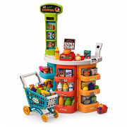 Kids supermarket checkout with shopping cart, shelves and toy groceries