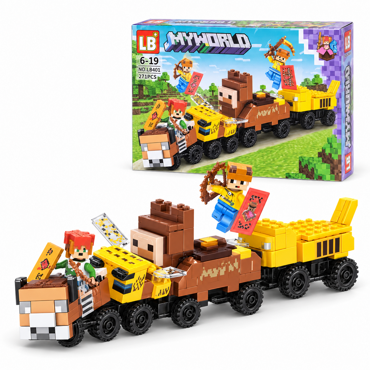 LB MyWorld LB401 packaging and assembled animal train showing 271 pieces and ages 6–19
