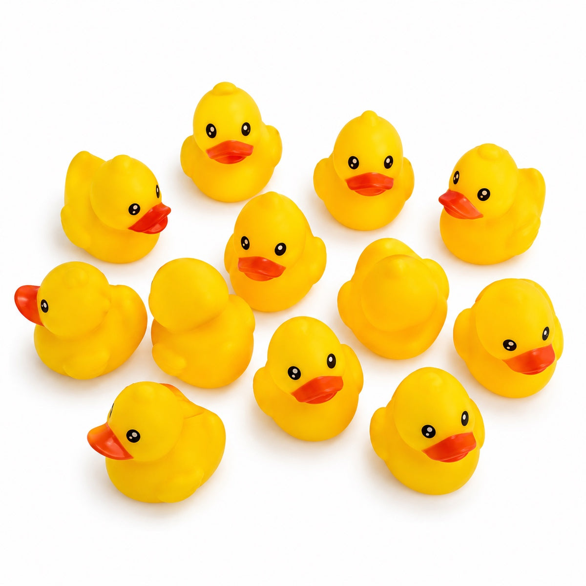 Set of ten yellow duck bath toys with orange beaks