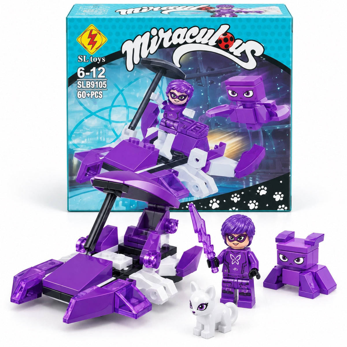 Purple hero building set with box, vehicle, figure and animal characters