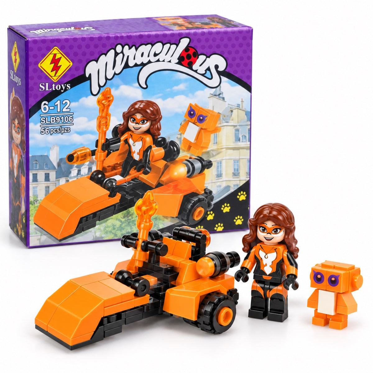 Orange hero vehicle building set with box, figure and companion