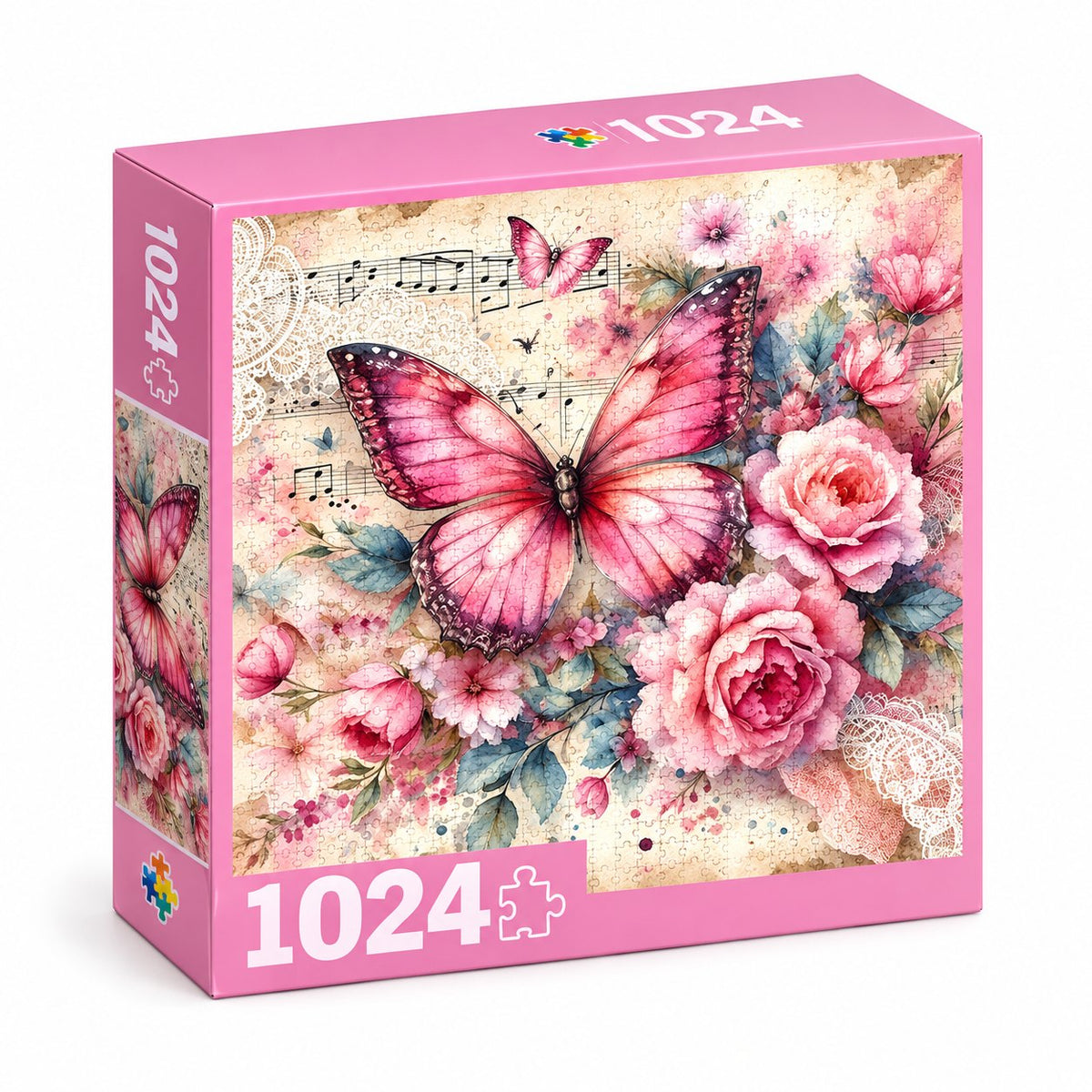 Pink Butterfly and Roses Jigsaw Puzzle – 1024 Pieces box design