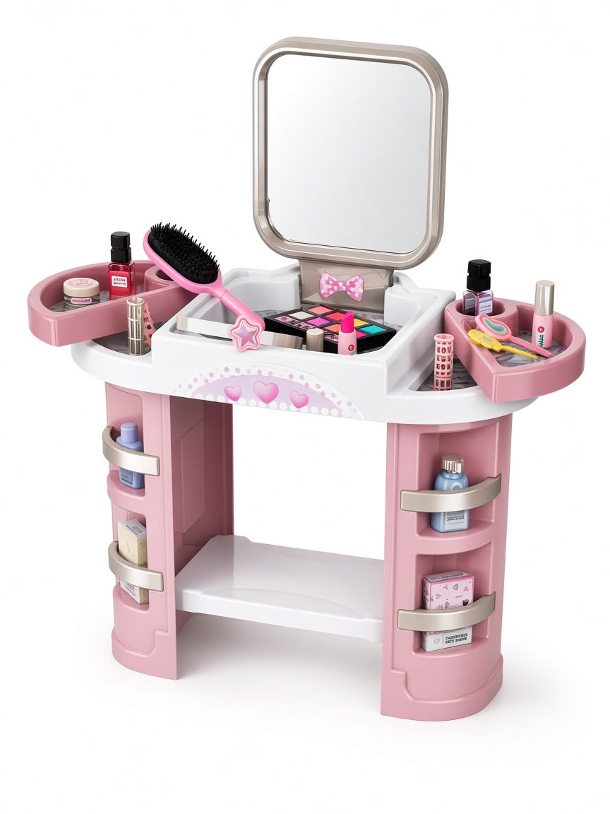 Pink kids vanity table with mirror and pretend makeup accessories
