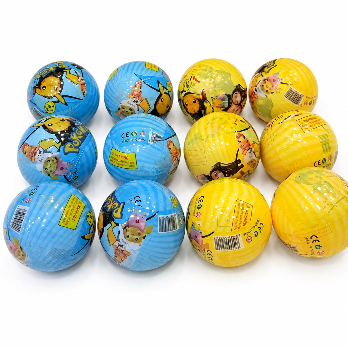 Blue and yellow Pokemon-themed surprise balls with assorted character designs