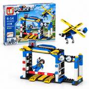Box and assembled 250-piece LB4163 police checkpoint building blocks set with helicopter and one police figure.