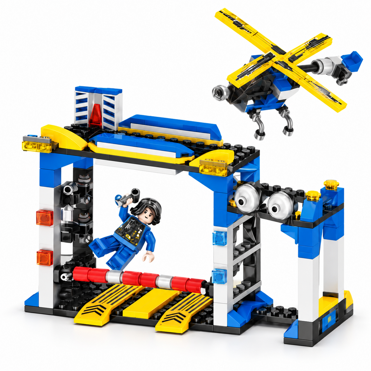 Assembled blue and white police checkpoint with red-and-white barrier, helicopter and one police figure.