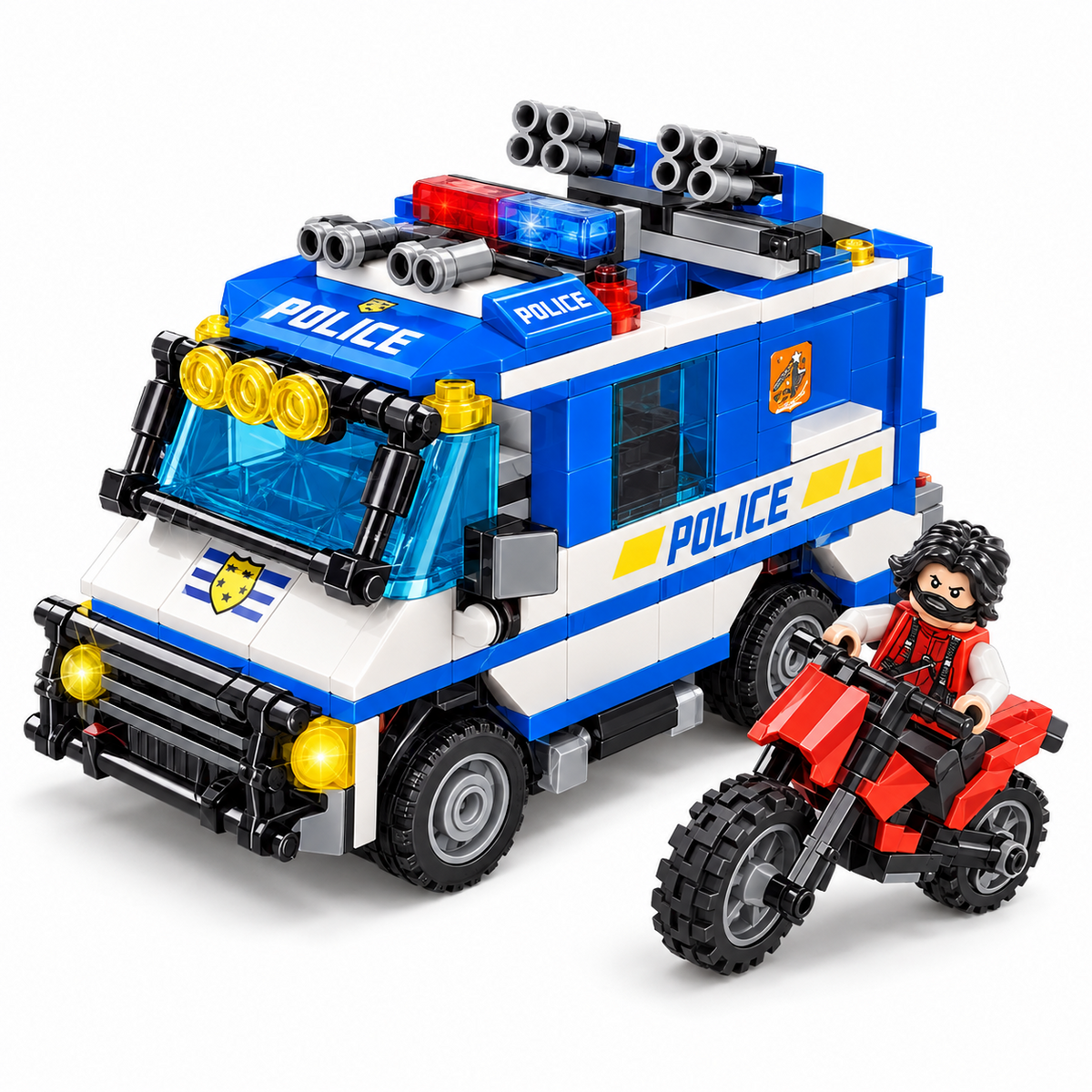 Blue and white police truck with red motorcycle and figure – 244-piece building blocks set