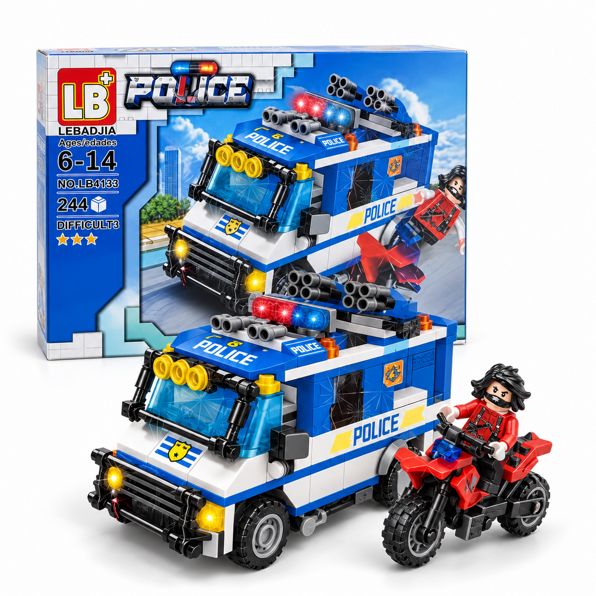 Police truck and motorcycle building blocks set packaging – 244 pieces, ages 6–14