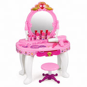 Pink princess beauty vanity table with mirror stool hair dryer cosmetics and jewelry accessories