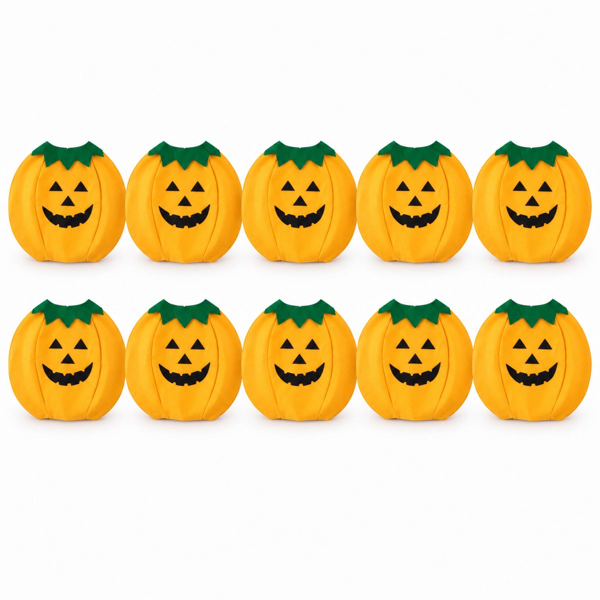 Ten orange jack-o'-lantern pumpkin costumes with green leaf-style collars arranged in two rows.