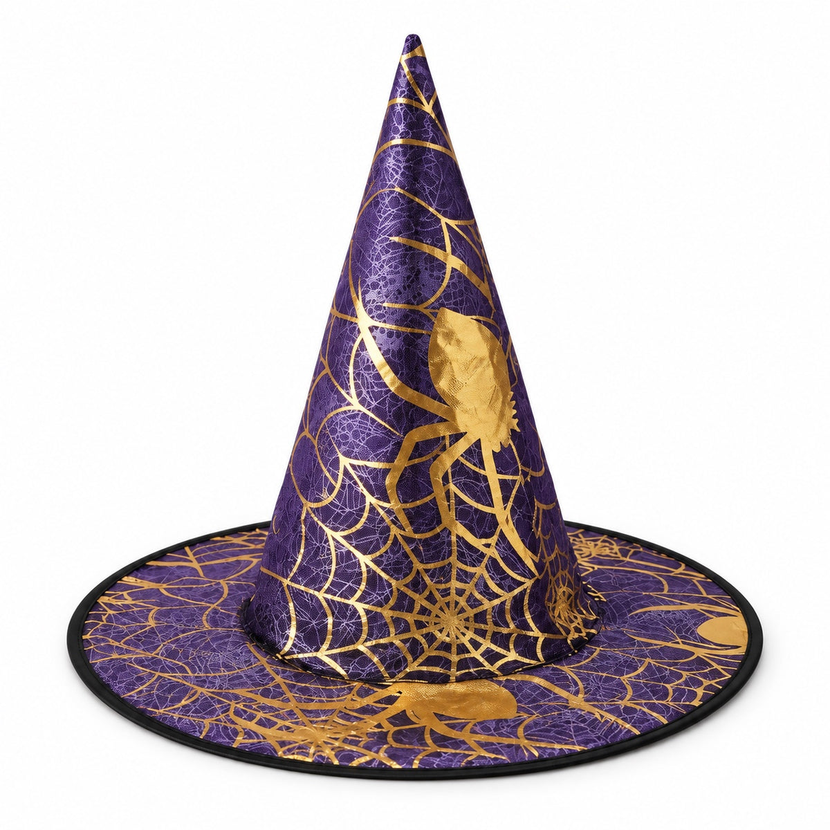 Purple witch hat with gold spiderweb design