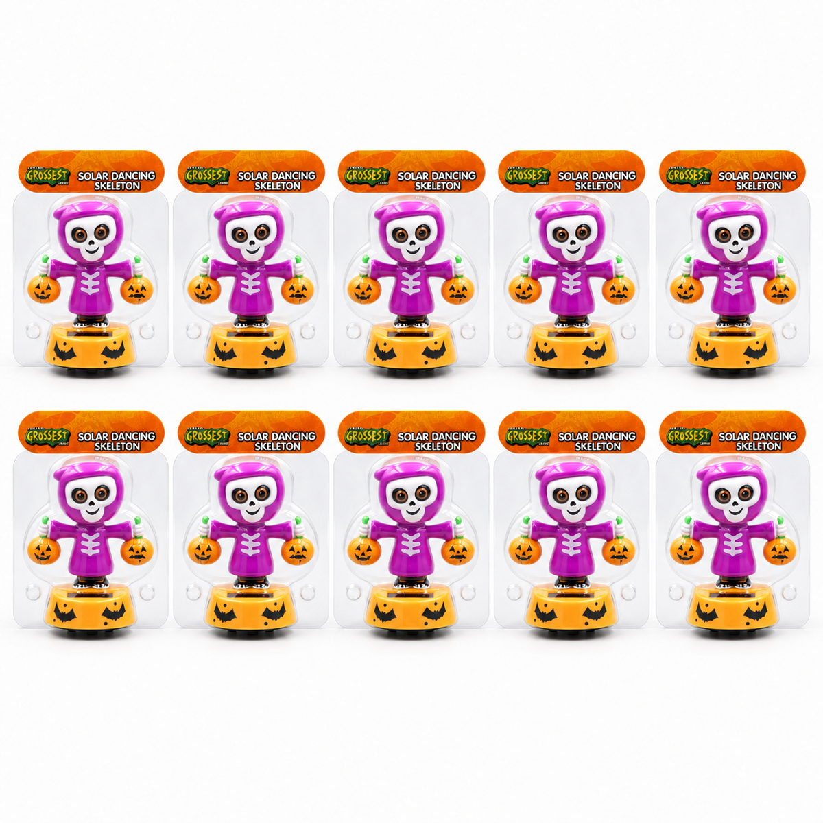 Ten individually packaged purple solar dancing skeleton Halloween figures holding pumpkin buckets on orange bases.