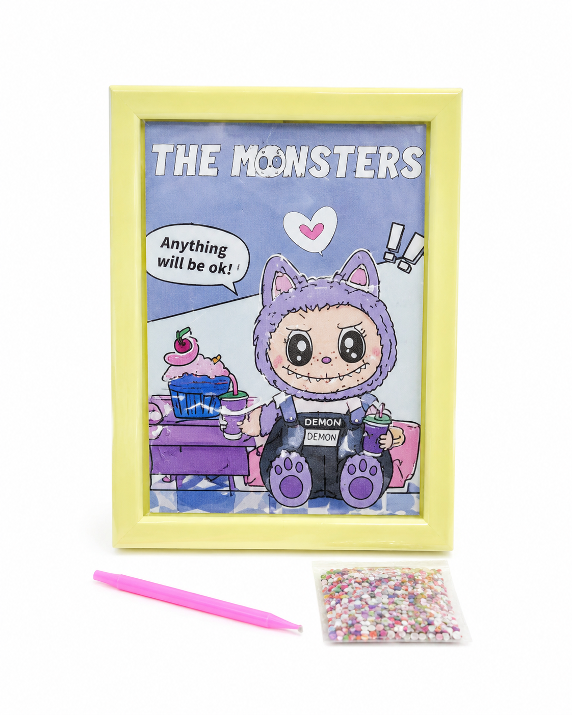 Purple monster rhinestone picture art kit with yellow frame