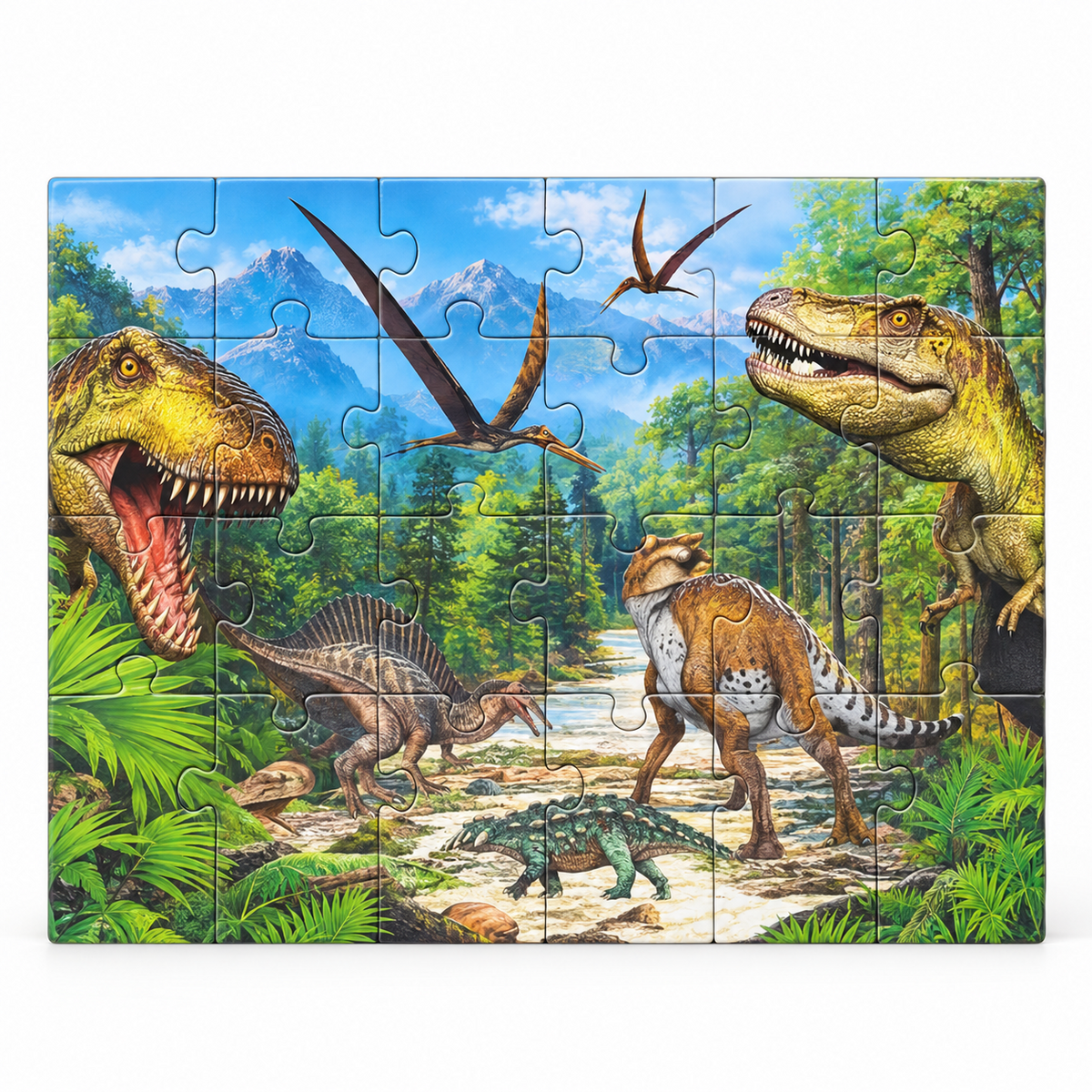 Assembled 24-piece jigsaw puzzle featuring a group of dinosaurs and flying prehistoric reptiles in a green forest landscape.