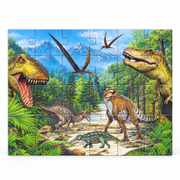 Assembled 24-piece jigsaw puzzle featuring a group of dinosaurs and flying prehistoric reptiles in a green forest landscape.