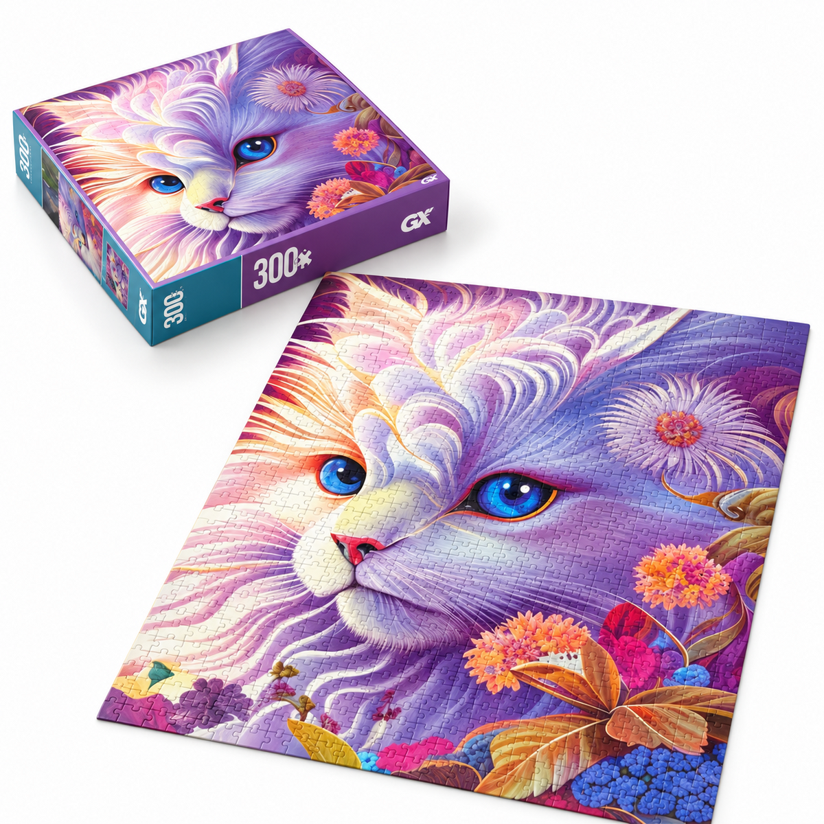 Matching box and assembled 300-piece jigsaw puzzle featuring a blue-eyed white and purple cat surrounded by colorful flowers.