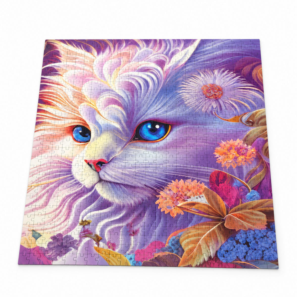 Assembled jigsaw puzzle featuring a blue-eyed white and purple cat surrounded by colorful flowers.