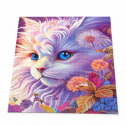 Assembled jigsaw puzzle featuring a blue-eyed white and purple cat surrounded by colorful flowers.