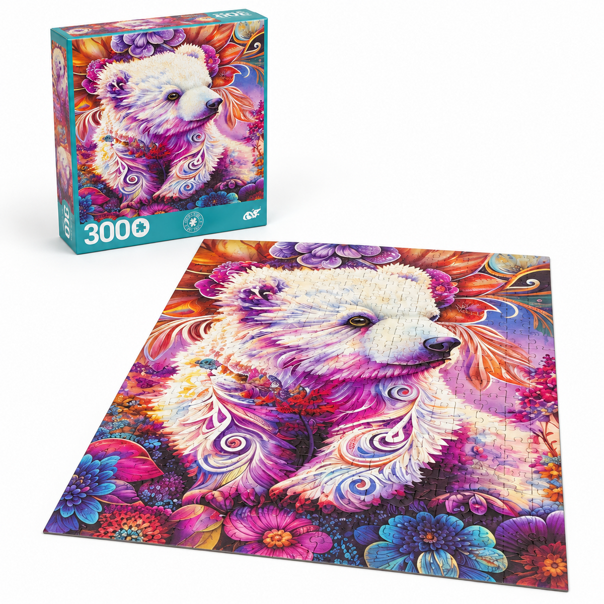Matching box and assembled 300-piece jigsaw puzzle featuring a white bear with ornate swirling details, surrounded by vibrant flowers.