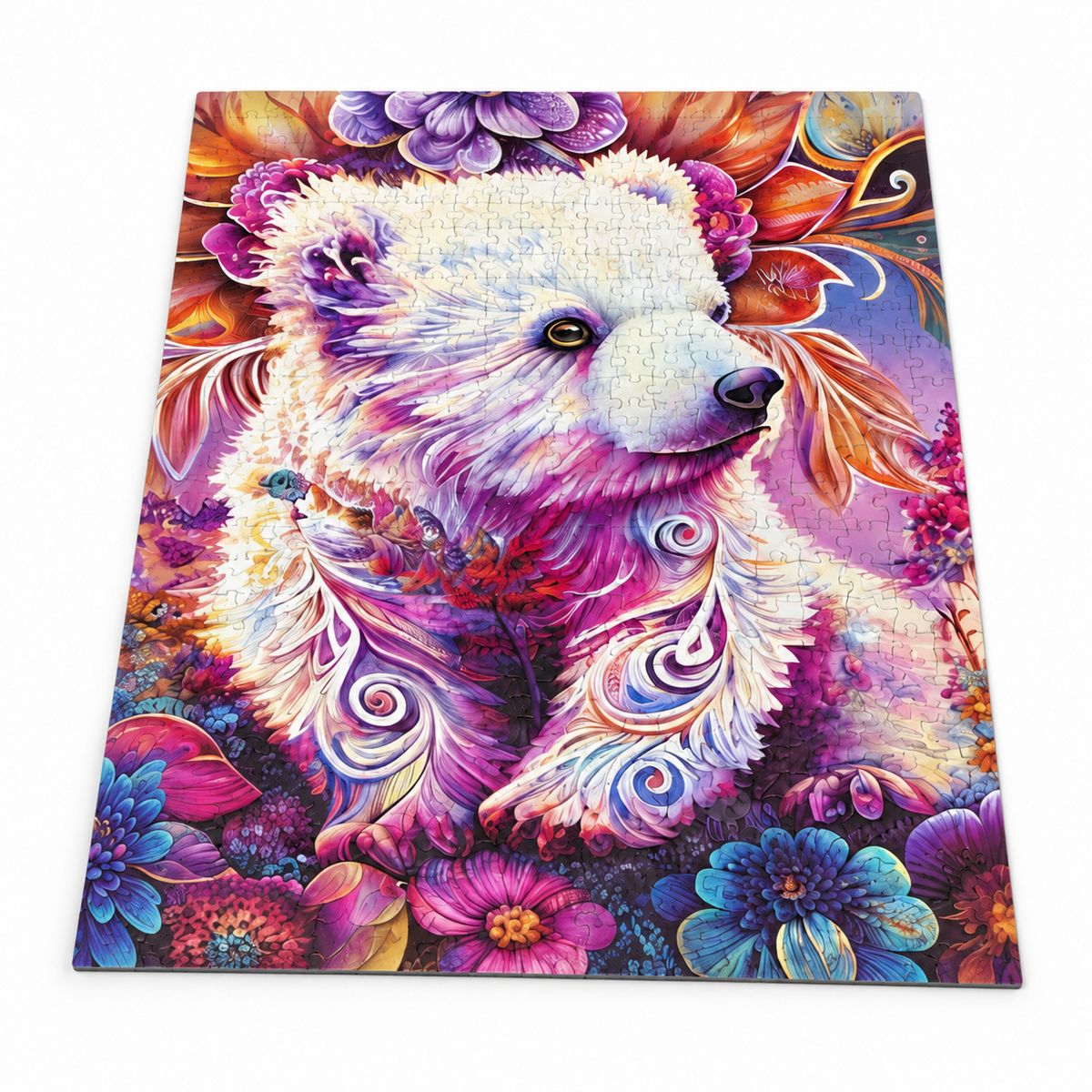 Assembled jigsaw puzzle featuring a white bear with ornate swirling details, surrounded by vibrant flowers.
