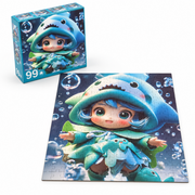 Matching box and assembled 99-piece jigsaw puzzle featuring a girl in a blue shark-themed hooded outfit against a bubbly blue background.