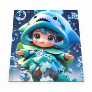Assembled jigsaw puzzle featuring a girl in a blue shark-themed hooded outfit against a bubbly blue background.