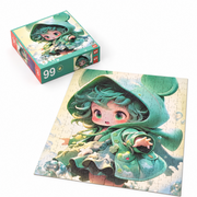 Matching box and assembled 99-piece jigsaw puzzle featuring a girl in a green bear-themed hooded outfit with floral details and floating bubbles.