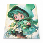 Assembled jigsaw puzzle featuring a girl in a green bear-themed hooded outfit with floral details and floating bubbles.