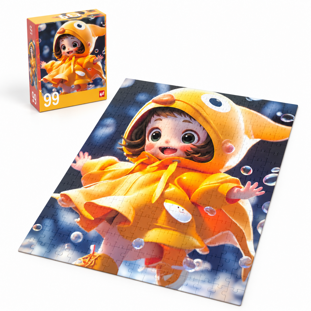 Matching box and assembled 99-piece jigsaw puzzle featuring a girl in a bright yellow duck-themed raincoat, surrounded by floating bubbles.