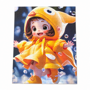 Assembled jigsaw puzzle featuring a girl in a bright yellow duck-themed raincoat, surrounded by floating bubbles.