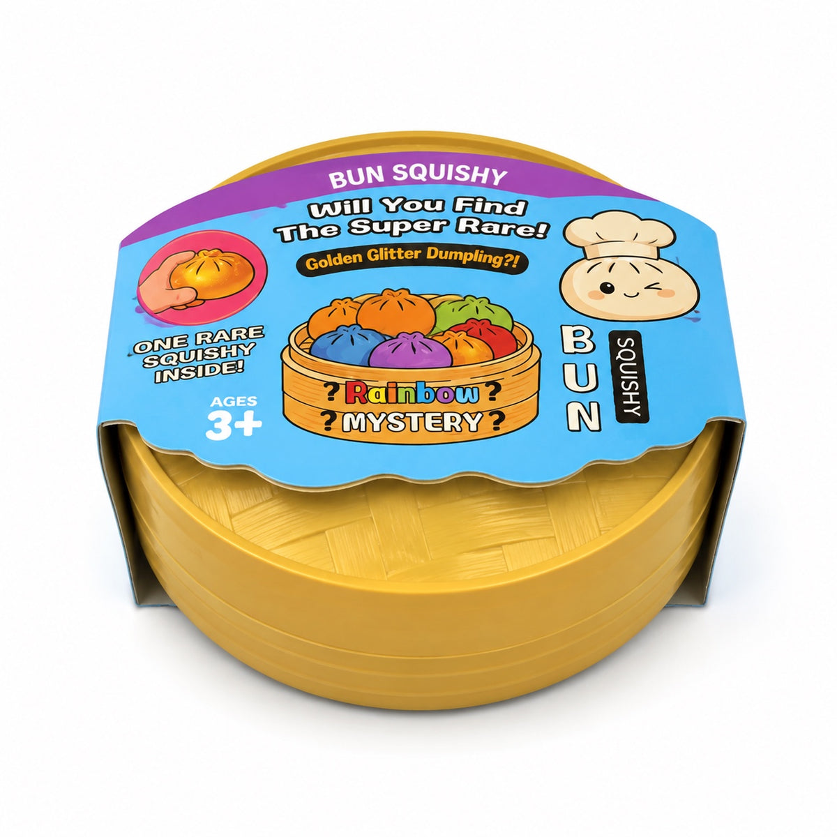 Rainbow Mystery Bun squishy toy packaging in golden basket container