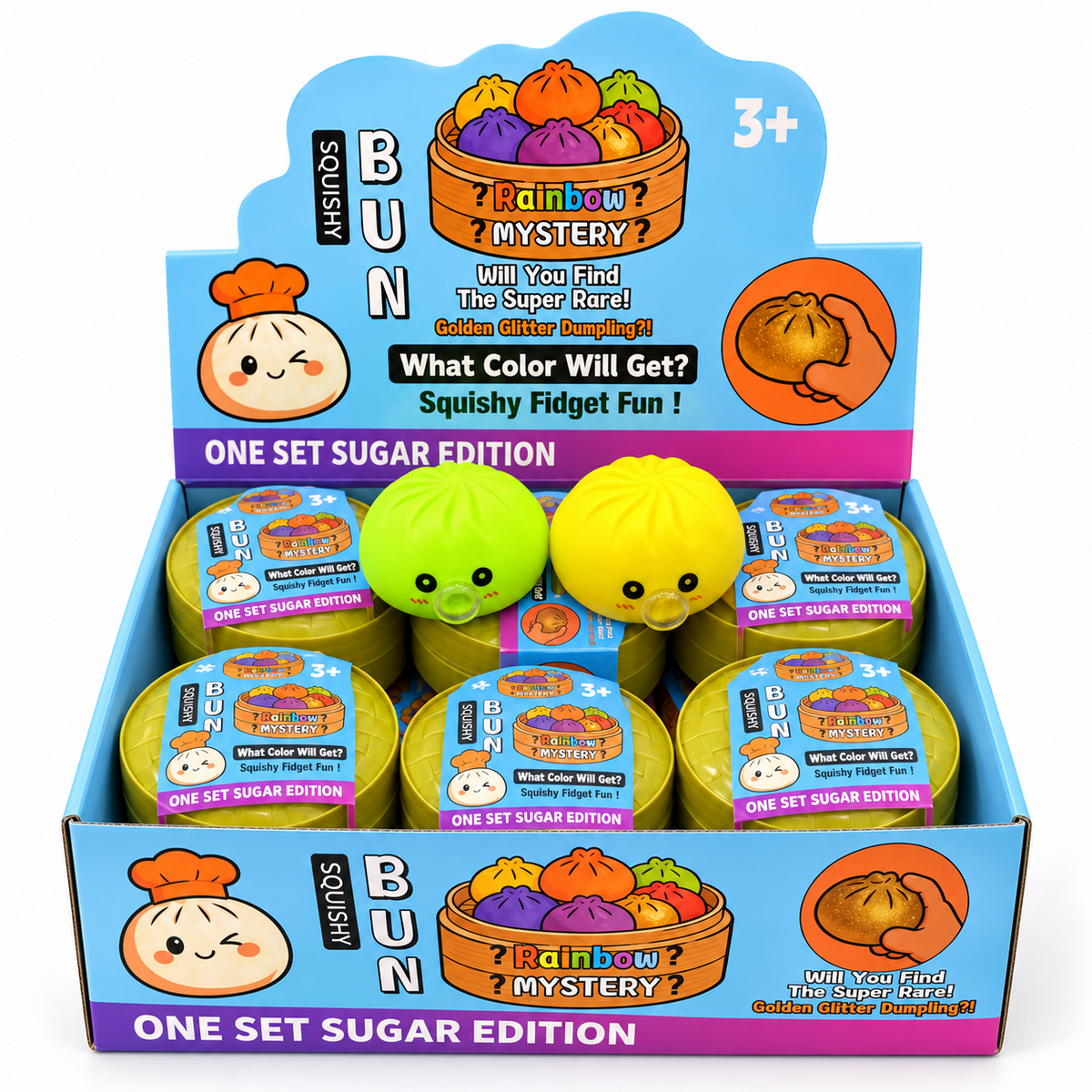 Rainbow Mystery Bun Squishy display box