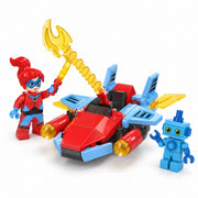 Red and blue hero vehicle building blocks with two figures