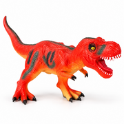 Red and orange T-Rex dinosaur toy with dark markings, textured scales and an open mouth.