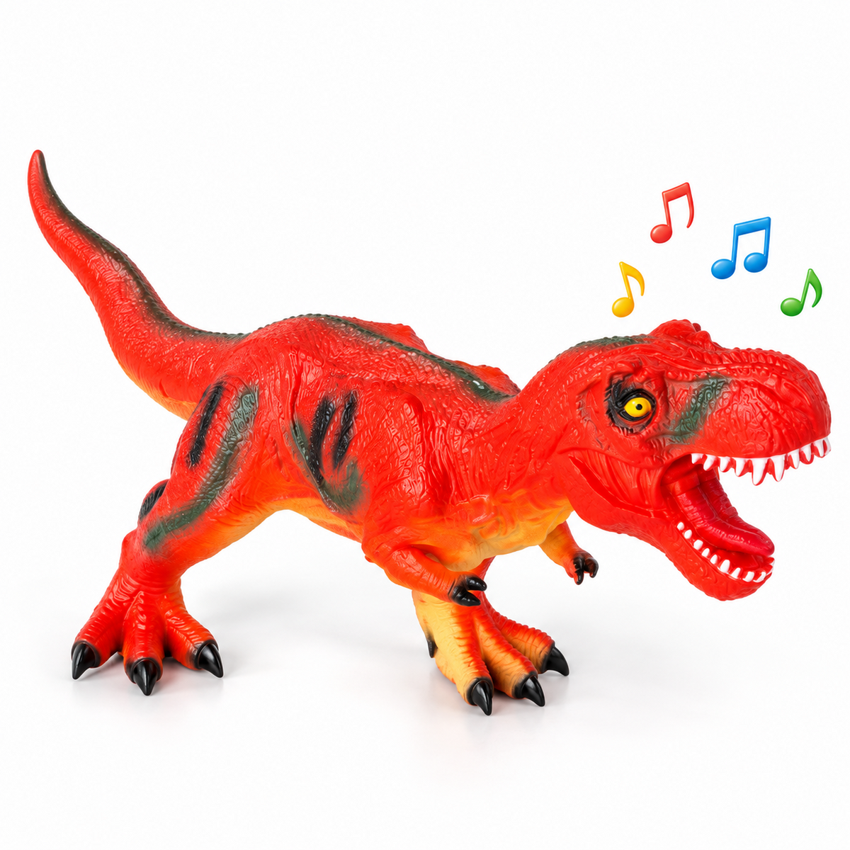 Red and orange T-Rex dinosaur toy with dark markings, textured scales and an open mouth.