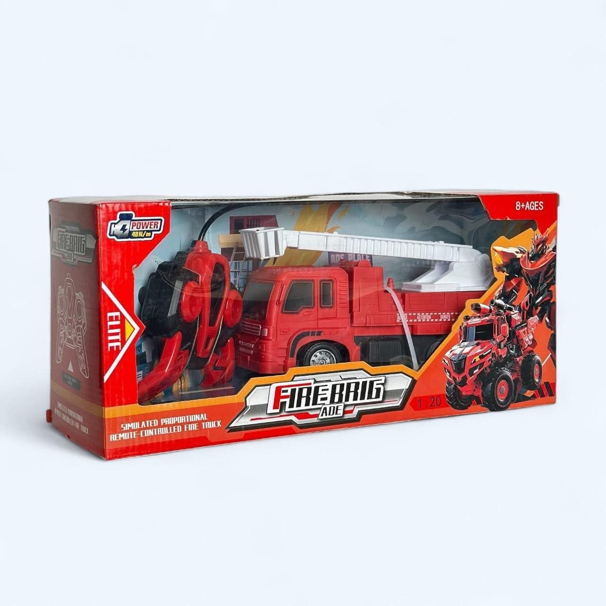 1:20 scale remote-controlled fire truck toy in retail box