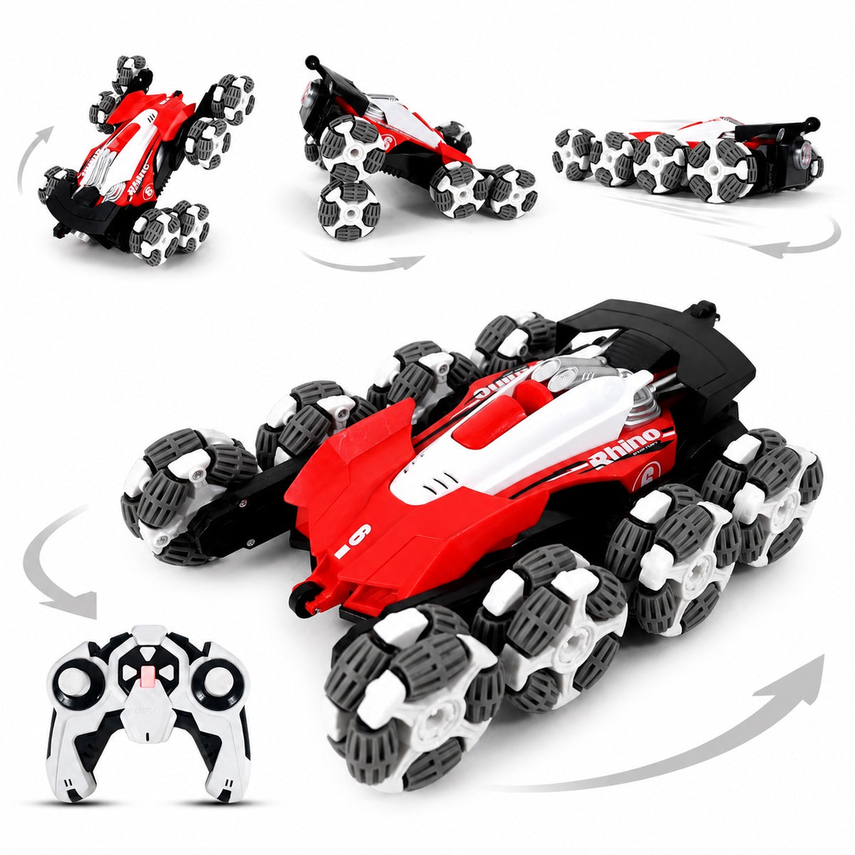 Rhino red stunt drift remote control car with multidirectional wheels and controller