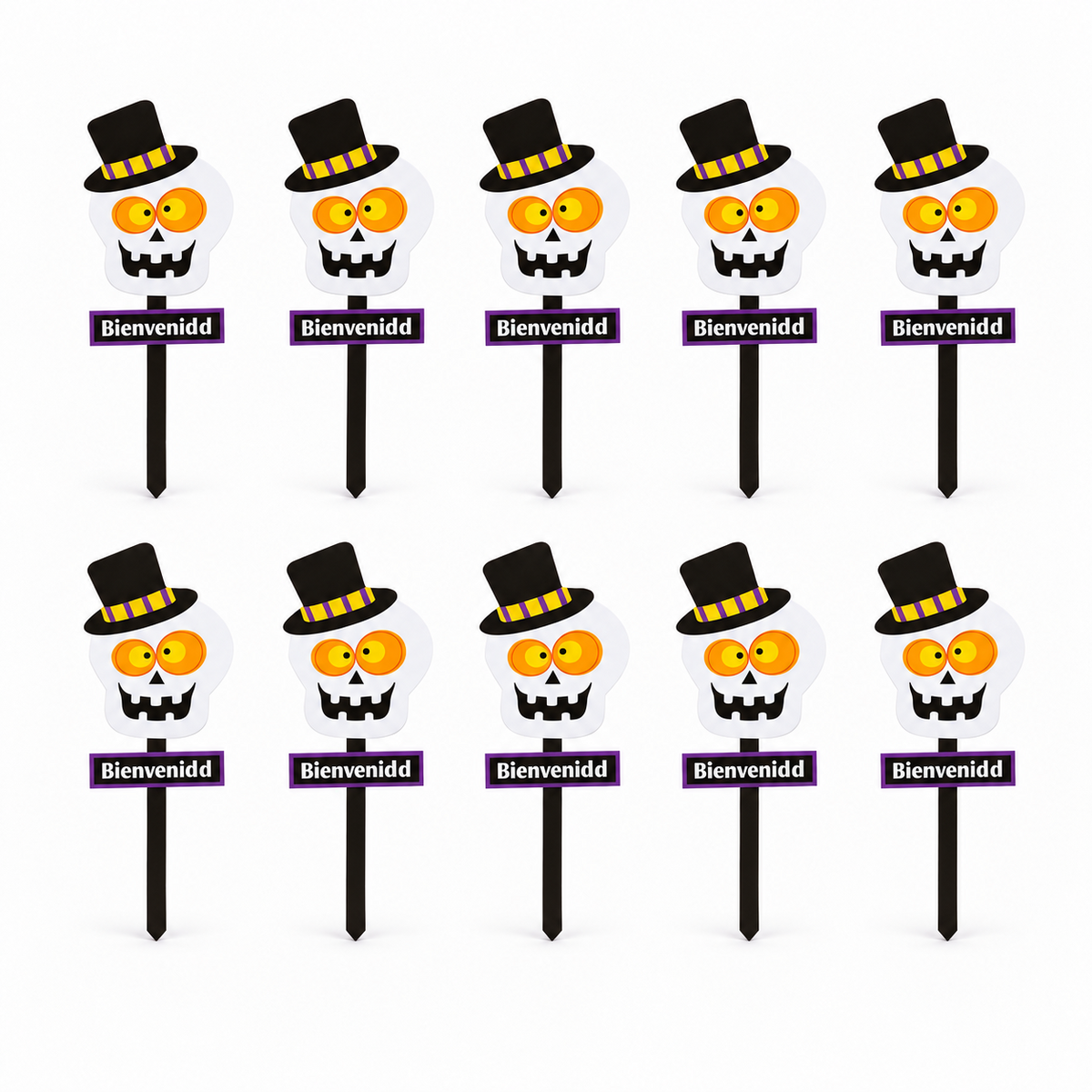 Ten skull Halloween garden stakes