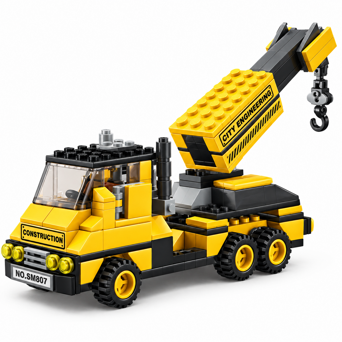 Yellow construction crane truck assembled from building blocks