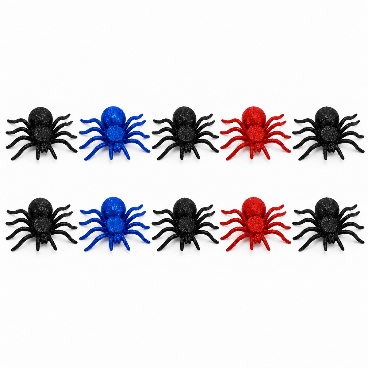 Ten glitter spider Halloween decorations arranged in two rows: six black, two blue, and two red spiders.