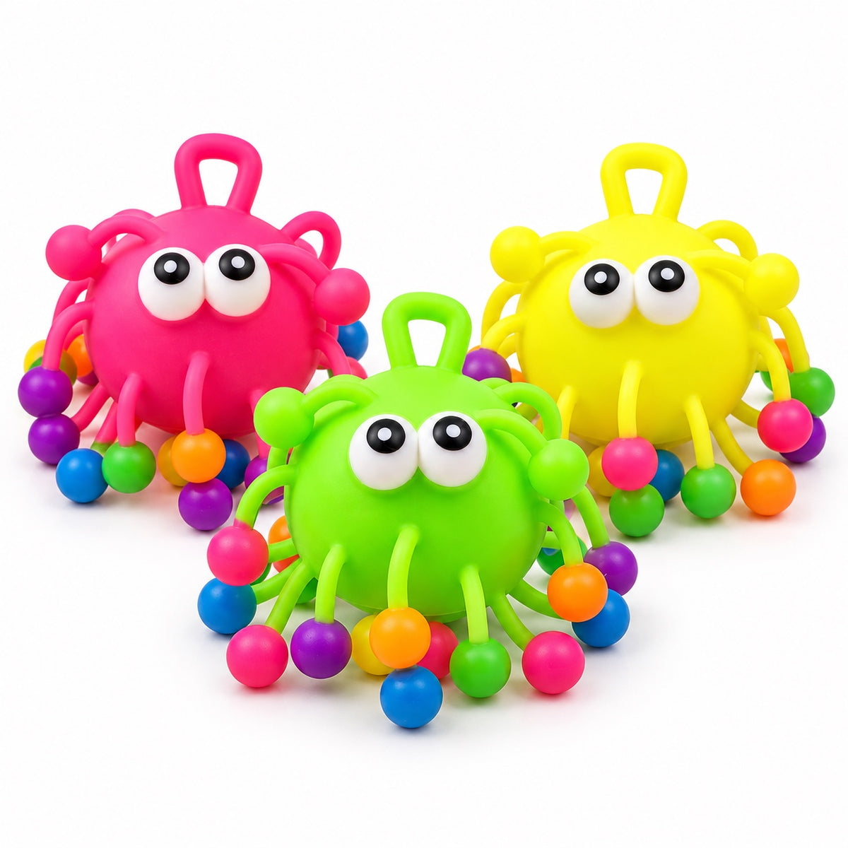 Stretchy bead ball sensory toy in pink, green, and yellow